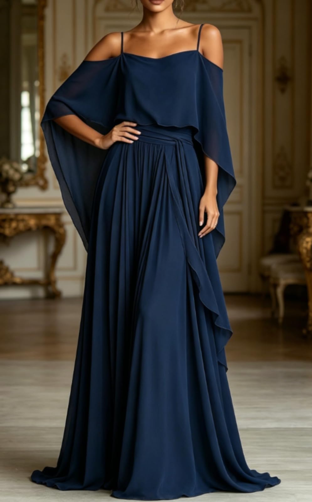 Abito lungo da donna in chiffon, elegante, con volant e spalle scoperte
