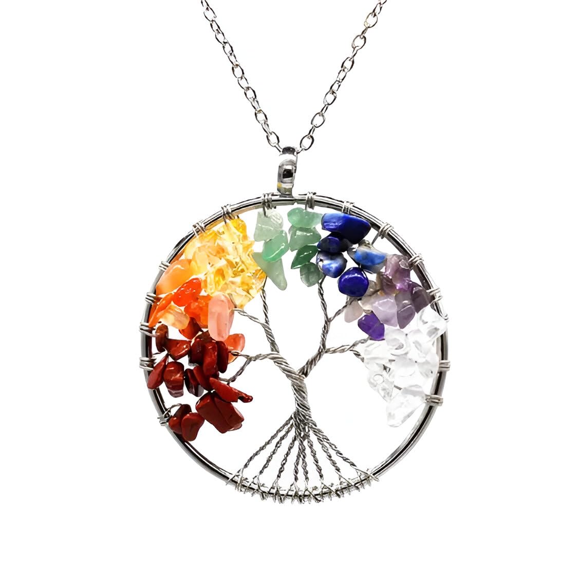 Silver Stainlessteel Tree of Life Pendant Handcrafted Made With Natural Rainbow 7 Seven Chakra Crystal Gemstone Fengshui Pendant Locket Necklace With Chain For Men And Women