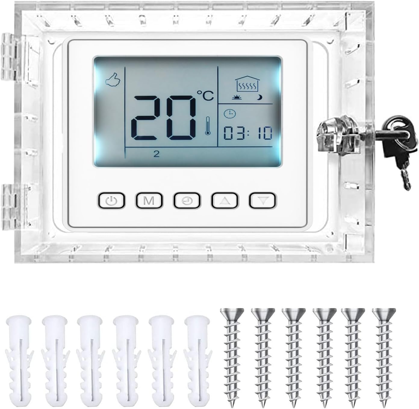 Universal Thermostat Lock Box with Key, Clear Large Thermostat Guard for Wall, Thermostat Cover with lock for Thermostats 6.5" x 4" x 2" or Smaller (1)