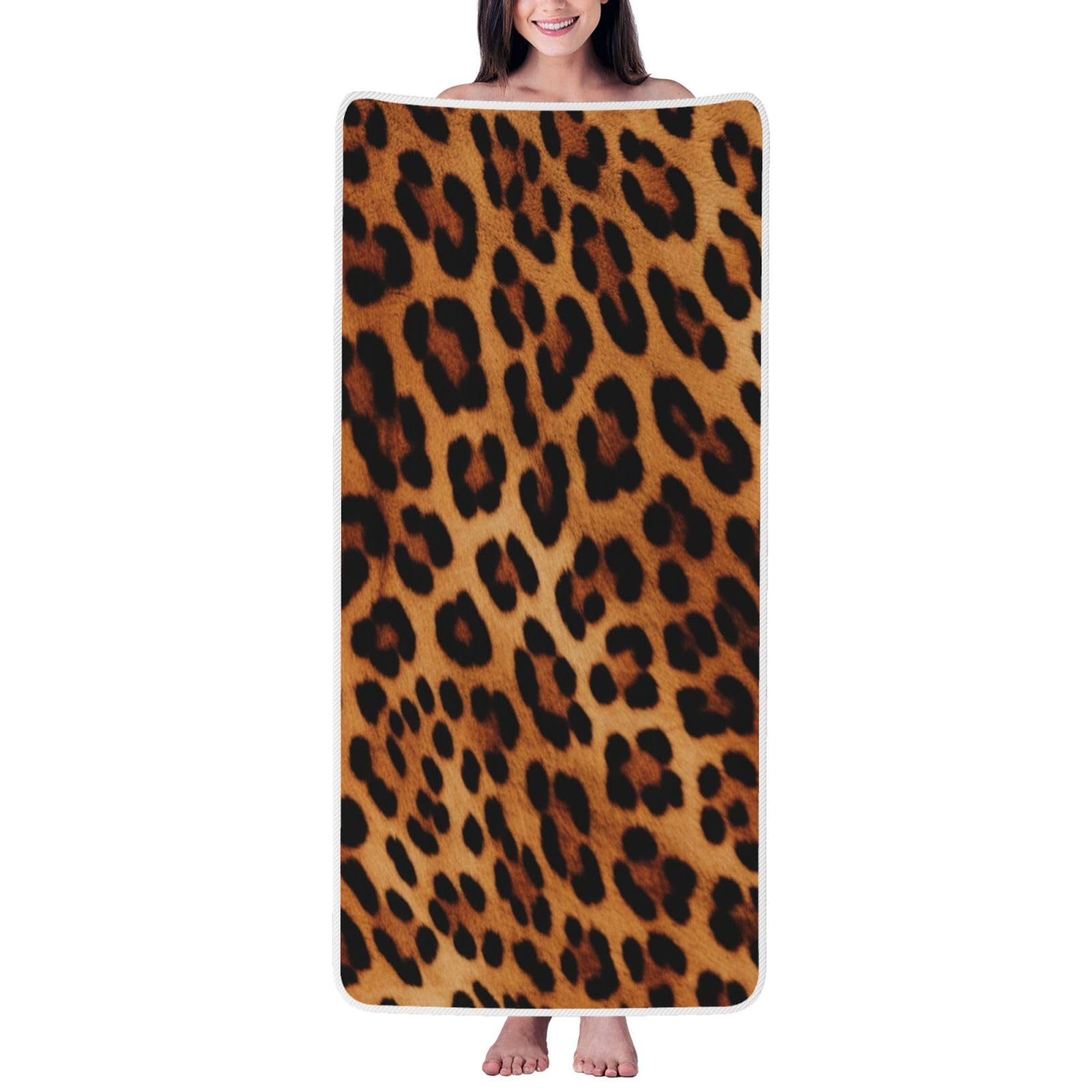 WPKJU Leopard Print Printed Bath Towel with White Edging - 27x55 in Soft Extra Absorbent Coral Velvet Shower Towels for Bathroom