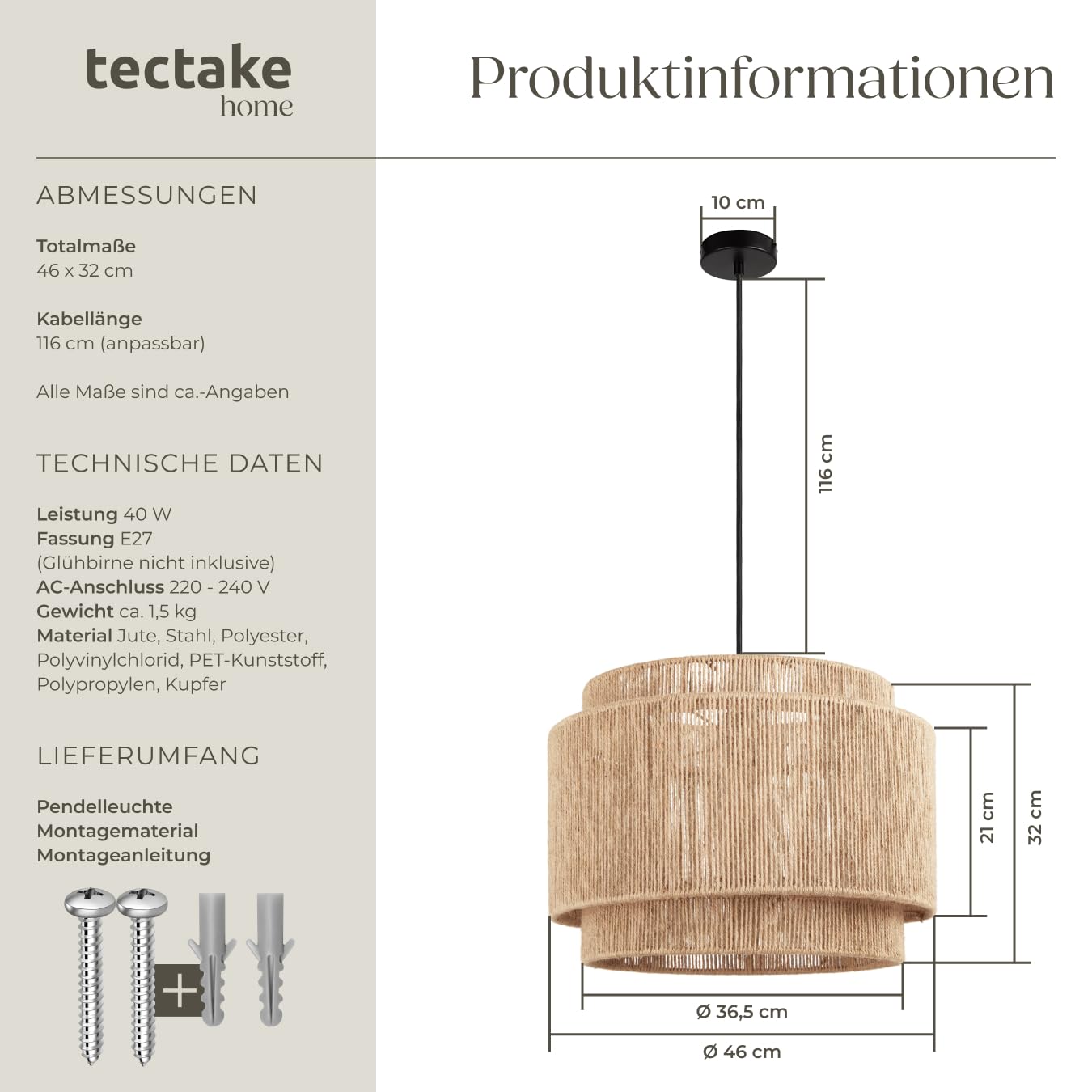 tectake® Hängelampe im Boho Stil, Pendelleuchte aus Jute, Vintage Lampenschirm Hängelampe, Ø 46 cm, Pendelleuchte Esstisch, Küchenlampe, Deckenleuchte Schlafzimmer, E27 Lampe Hängend, Hängeleuchte