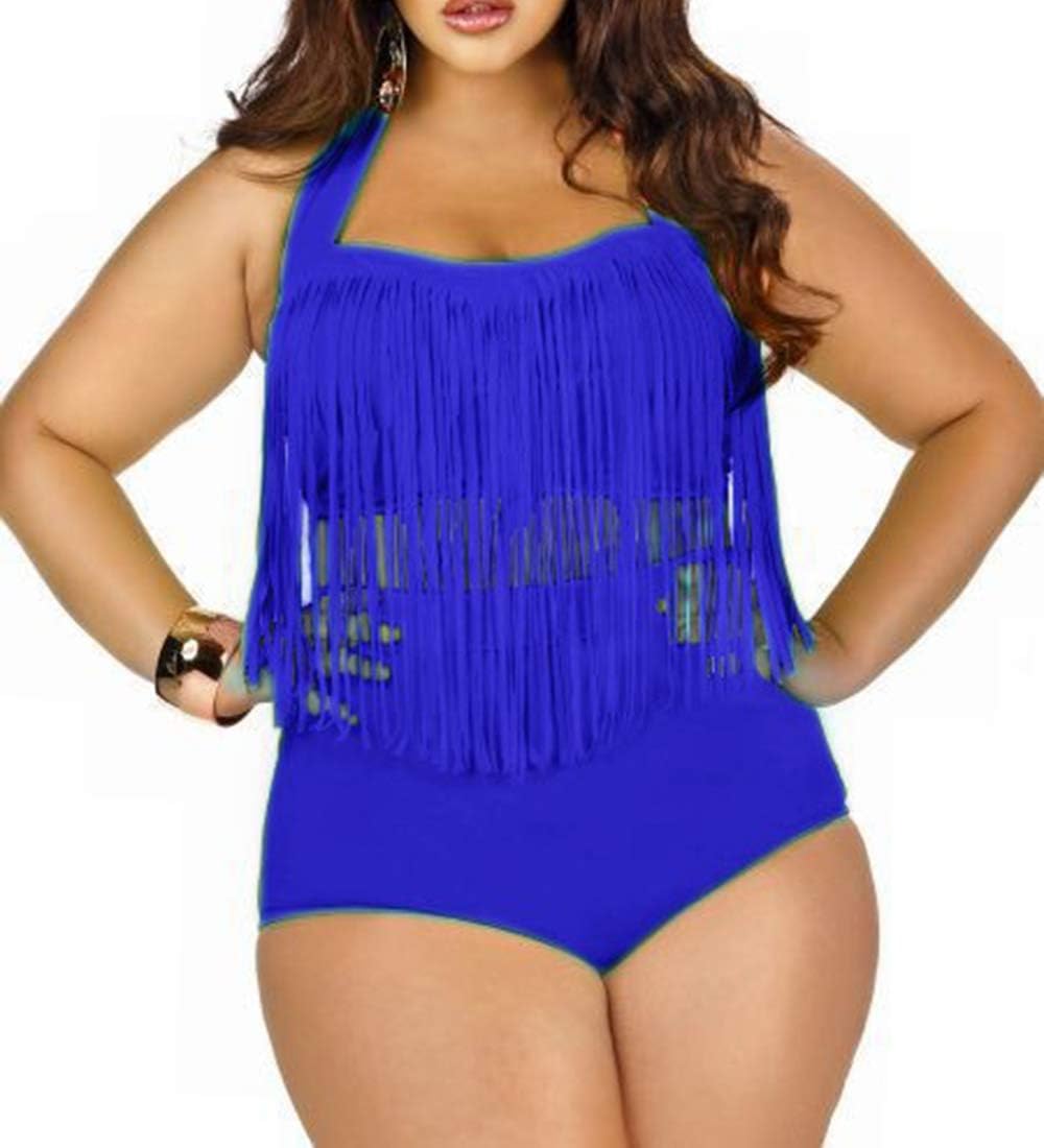 Women Plus Size Swimsuit Sets High Waist Fringe Swimwear Beachwear Solid Color Split Two Piece Swimsuit