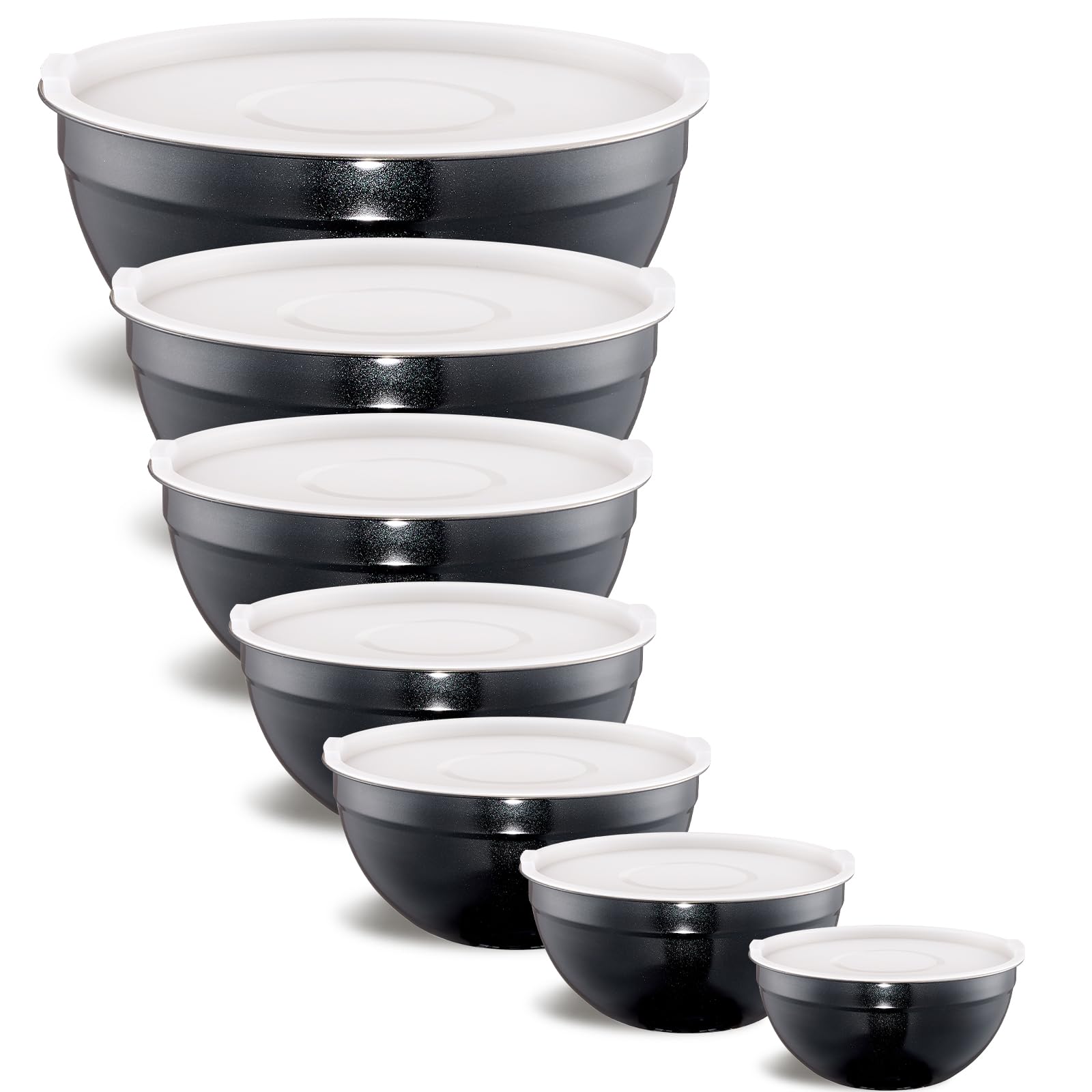 Onlycooker Black Mixing Bowls With Airtight Lids,Stainless Steel Bowl,Salad Bowls 7 Piece Colorful Nesting Bowl Black Kitchen Accessories,Size 7,3.6,2.7,2.1,1.5,1.1,0.8QT Stackable Design