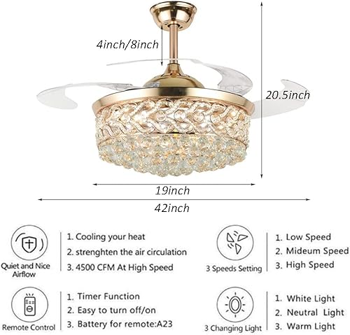 Miniatura 5 de FANRYO - Ventilador de techo LED invisible de cristal de 42 pulgadas con luces y control remoto, iluminación tricolor ajustable, velocidad de viento