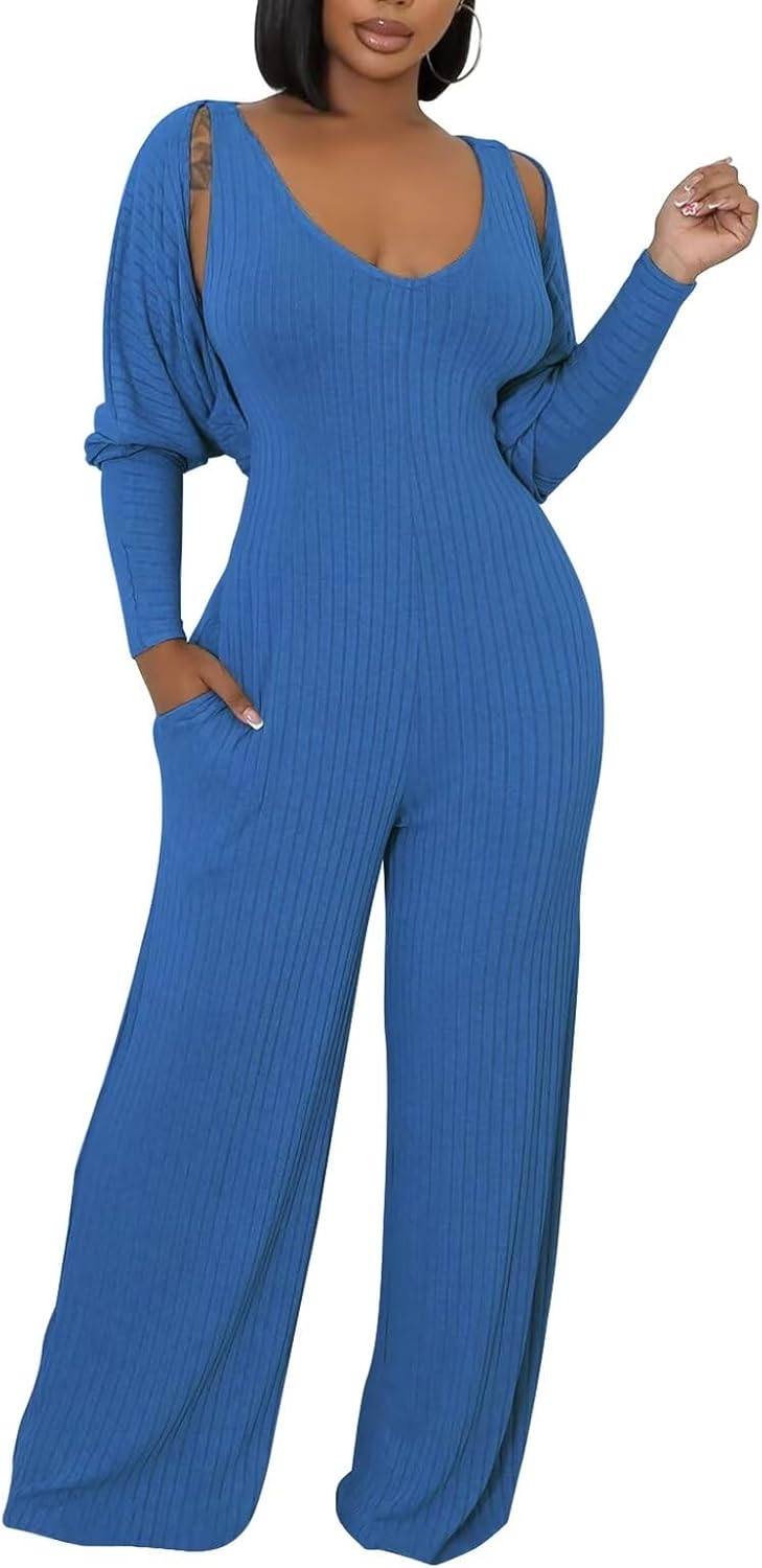 Annystore Sexy 2 Piece Set for Women Fall Outfit Ribbed Knit Long Sleeve Crop Cardigan Wide Leg Pants Set Jumpsuit Clubwear