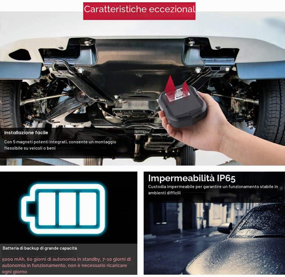 Localizzatore GPS professionale - Tracciamento in tempo reale impermeabile con allarme e APP gratuita - Localizzatore per camion, auto, moto, freezer, barca (5000 mah)