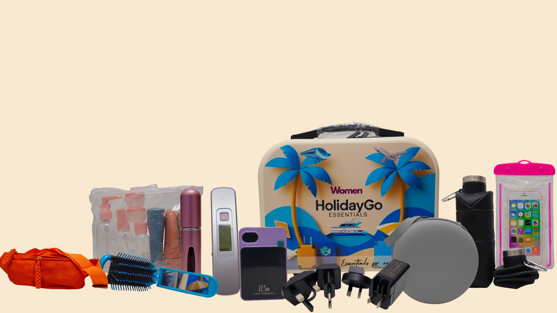 HolidayGo Women’s 12-Piece Travel Essentials Kit with Luggage Scale, Refillable Bottles, Perfume Atomiser, Universal Plug Adapter & Power Bank (5000mAh) | TSA-Approved Carry-On Toiletries Set