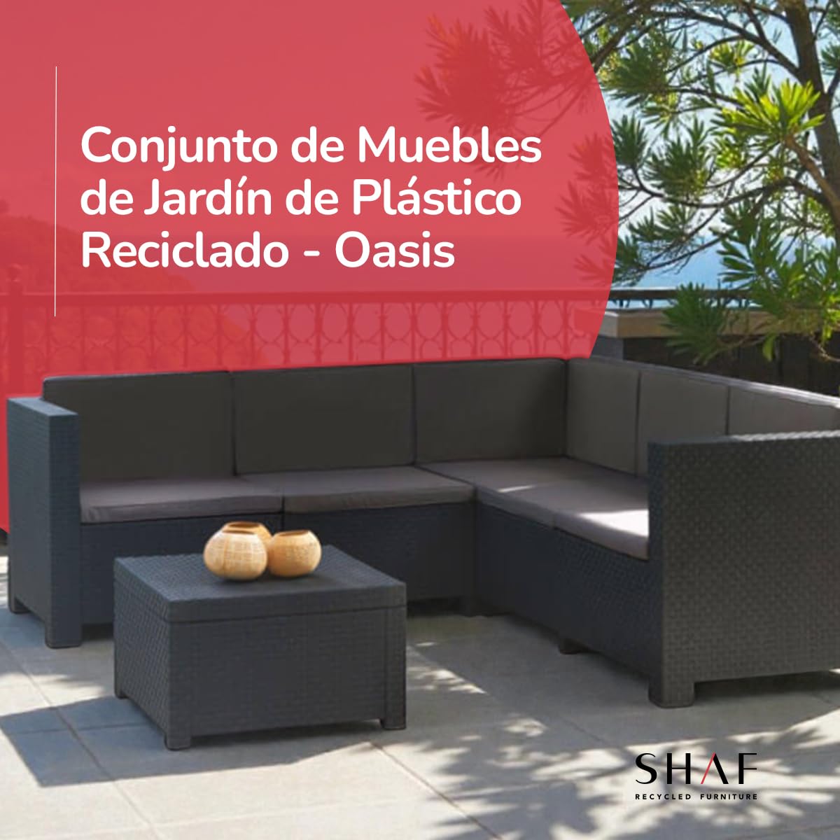 SP Berner - Set de Muebles de Jardín y Terraza Oasis Color Grafito - Tres Piezas - Sofá Canapé 3 y 2 Plazas y Mesa de Centro con Almacenaje - Fabricado en España con Plástico Reciclado