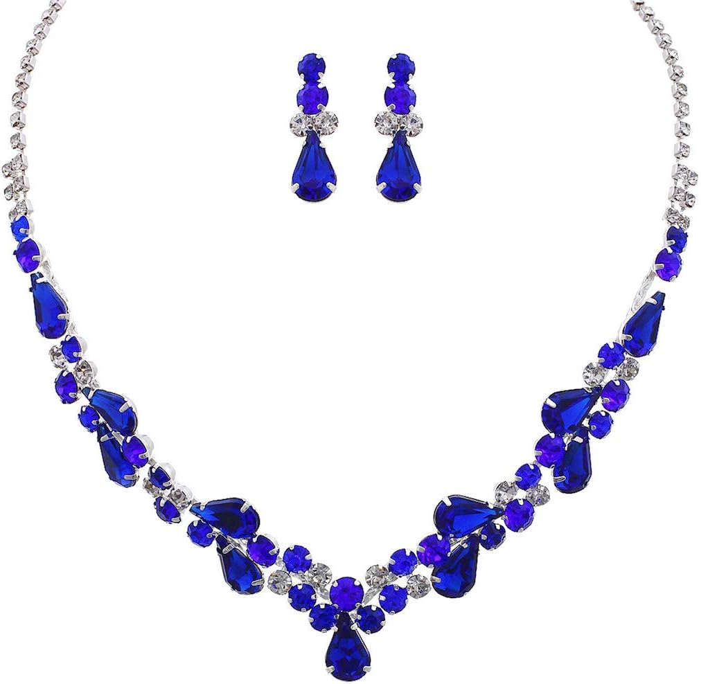 Rosemarie Collections Women's Stunning Rhinestone Crystal Teardrop Statement Necklace Hypoallergenic Drop Earrings Set, 15"+6" Extender