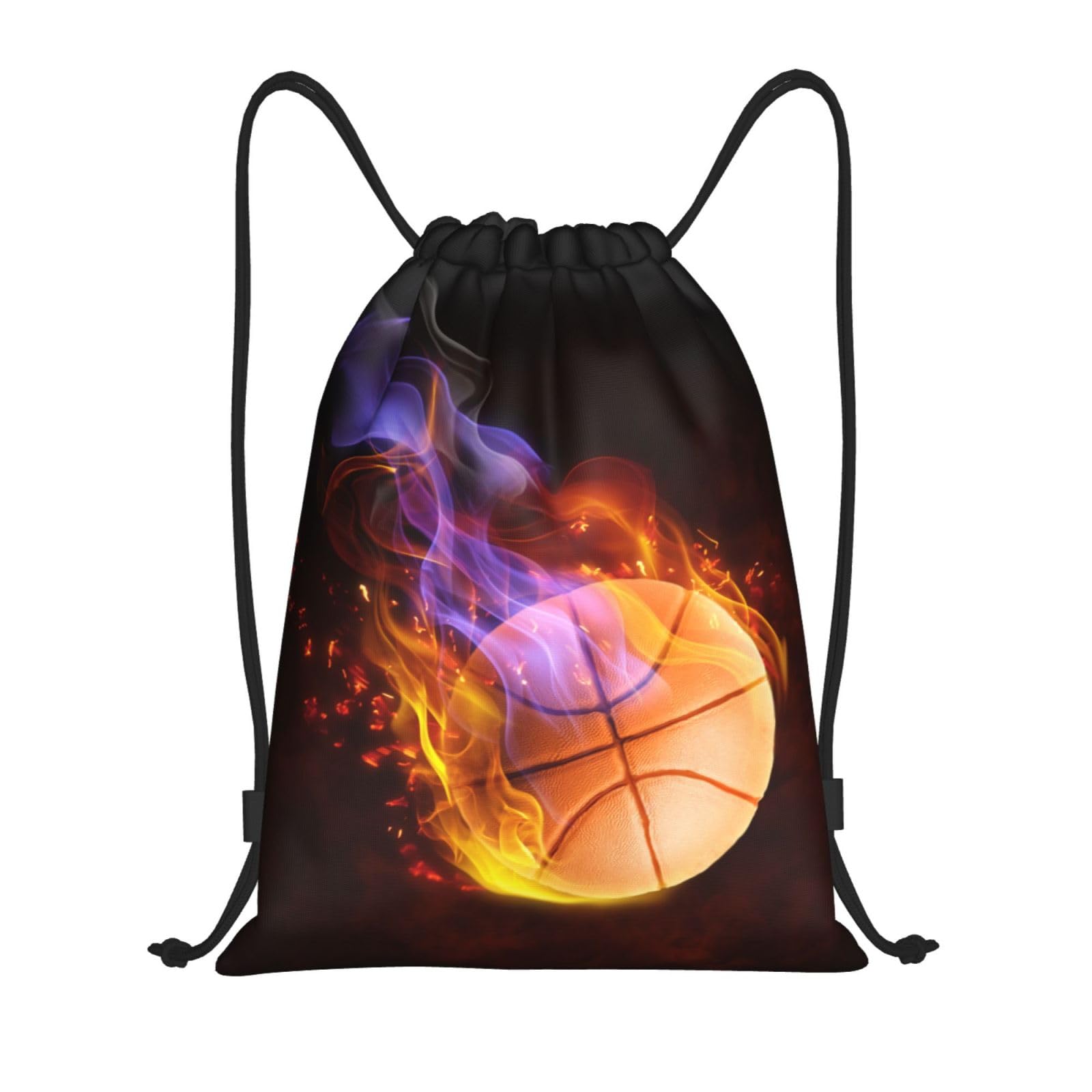 YIJIUWKIS Kids Drawstring Bag with Fire Basketball for Boys, Sports Drawstring Backpack for Teens Boys Girls Adults Women Men, Black Daypack Bag for