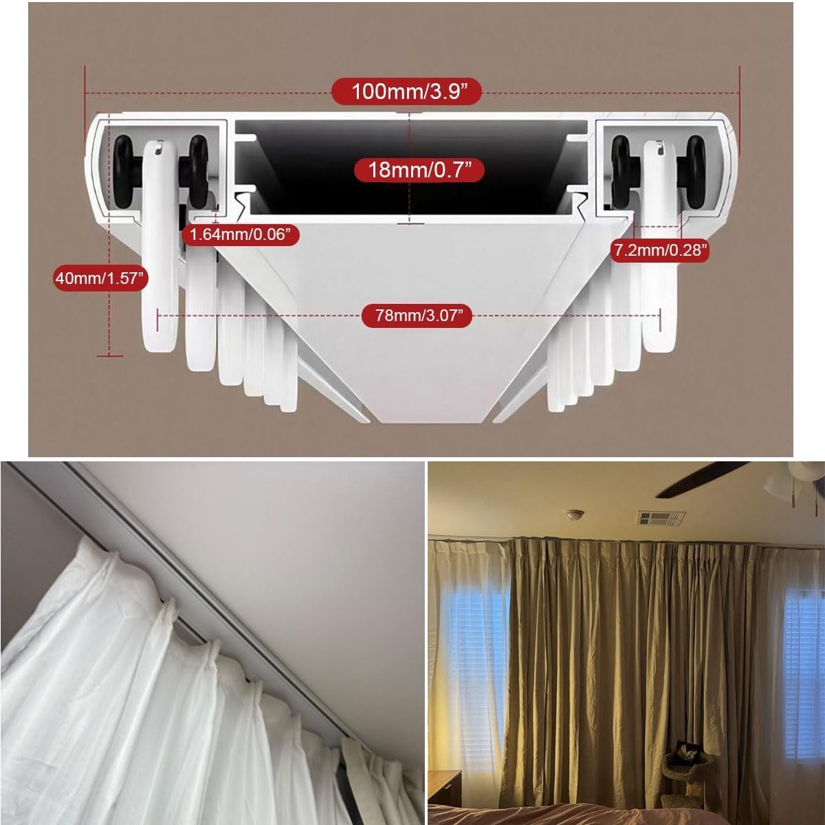 Wytrzymały 2-szynowy karnisz, 100-800 cm, montowany na suficie, aluminiowy system szyn, cichy karnisz do biura i na balkon, szary, długość 400 cm