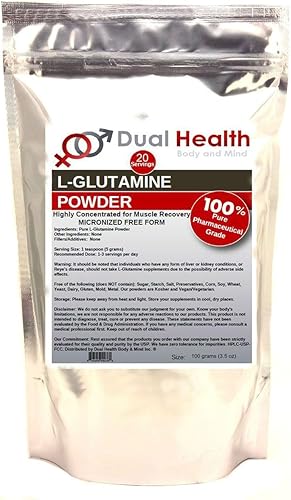 L-Glutamina (100 gramos -3.5 oz) Polvo puro 5000 mg de forma libre suplementos a granel, fabricado en Estados Unidos, digestión inmunológica apoyo