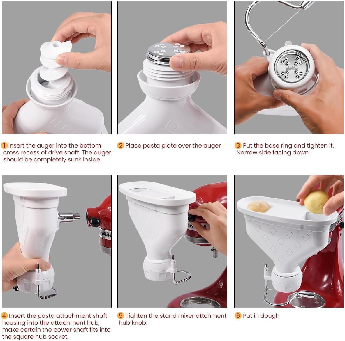 6-Piece Pasta Attachment for Kitchenaid Stand Mixer, Home made Pasta Press Attachment with 2 Feed Port, Durable for Kitchenaid Accessories and Attachments, Heavy Duty, Dishwasher Safe, Easy Clean