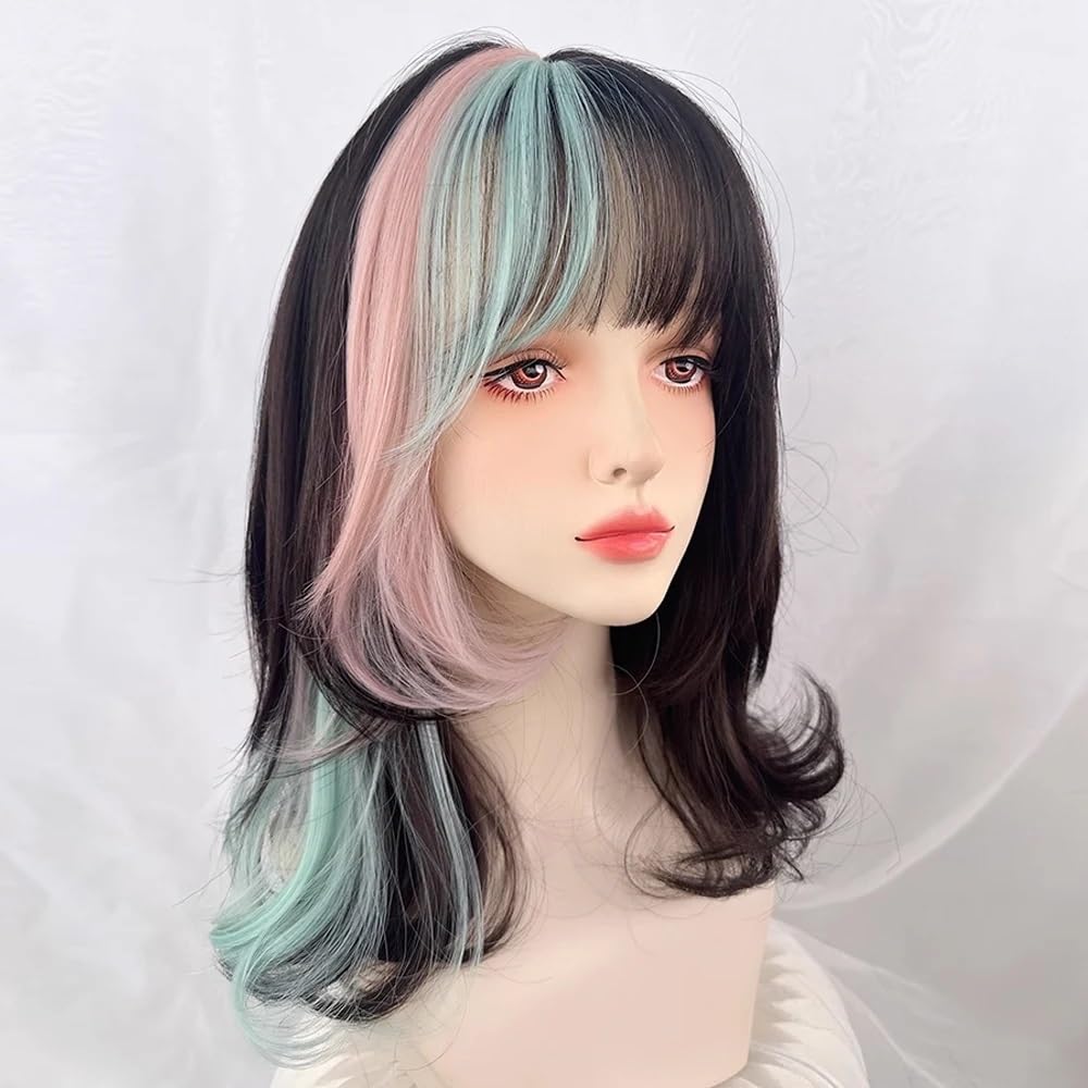 Parrucche realistiche Parrucca sintetica da donna, corta, ondulata, con meches nere, rosa e verdi, frangia, soffice parrucca cosplay Acconciatura femminile