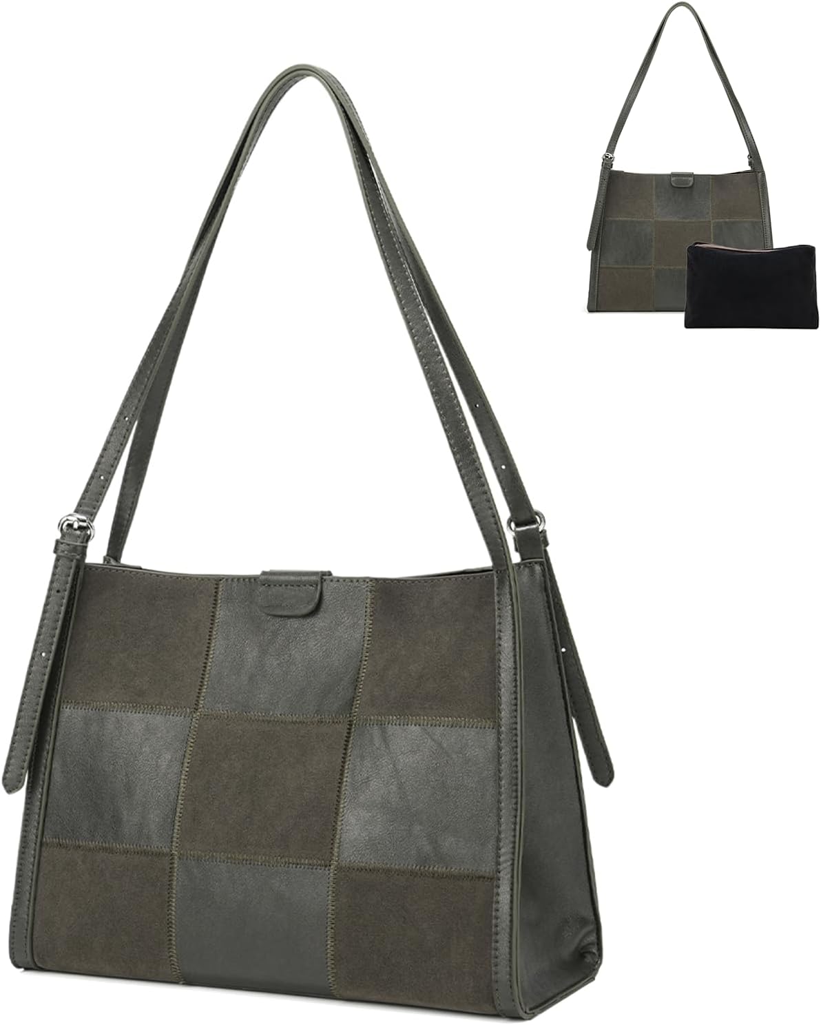 Medium Shoulder Bag for Women Vegan Leather Colorblock Purse Vintage Boho with Inner Bag & Adjustable Strap