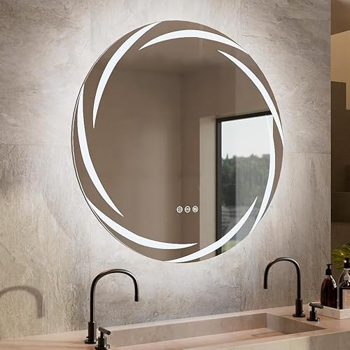 LUVODI Specchio Bagno con Luce 80cm: Specchio bagno Led Retroilluminato Rotondo Specchio Tondo retroilluminato Design Vortice, Pulsante Touch Dimmerabile 3 Colori, Antiappanamento, Funzione Memoria