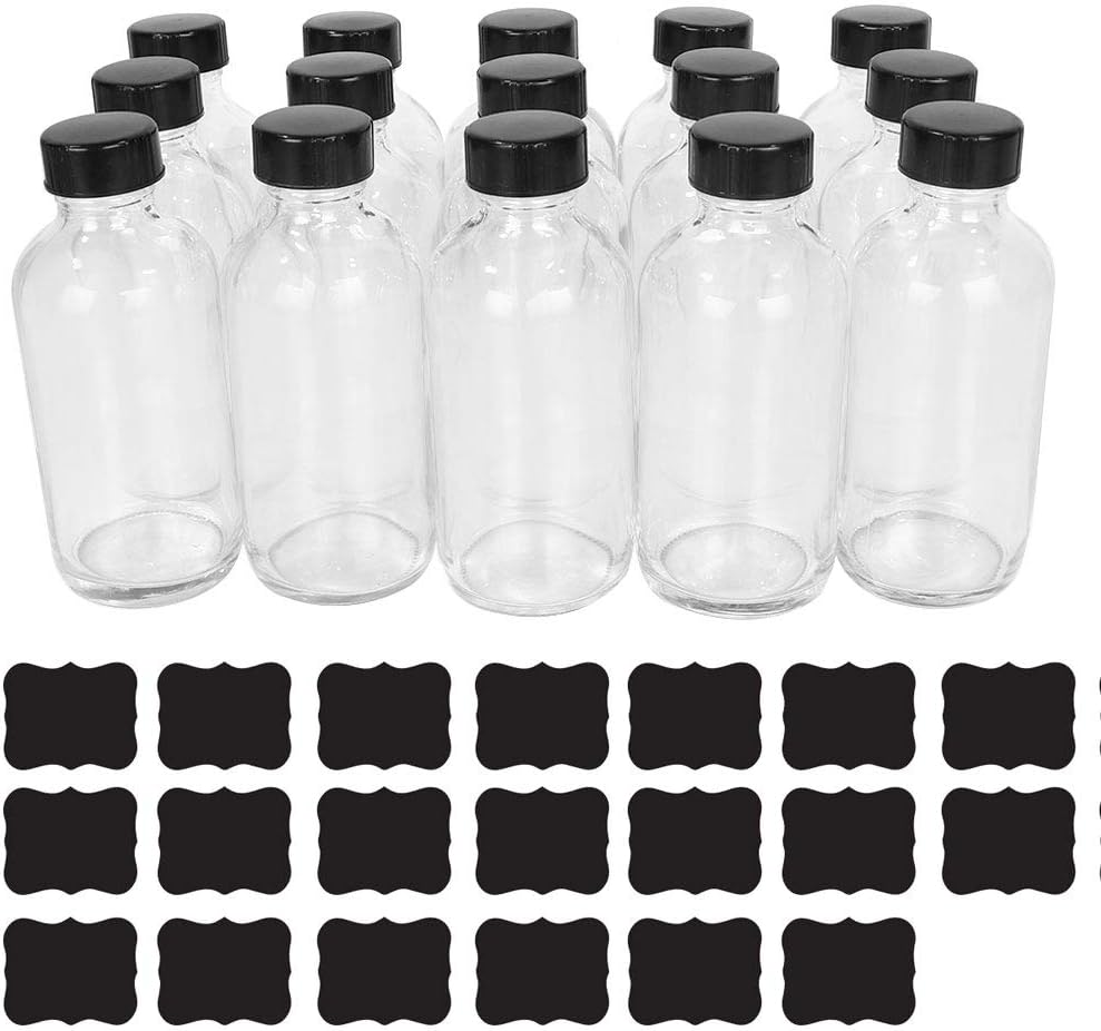 4 oz Glass Boston Bottles with Poly Cone Cap,Chalk Pen and Labels, Clear Dispensing Bottles for Essential Oils, Chemical Lab,Home, Wedding Decor. Set of 15 Pack.