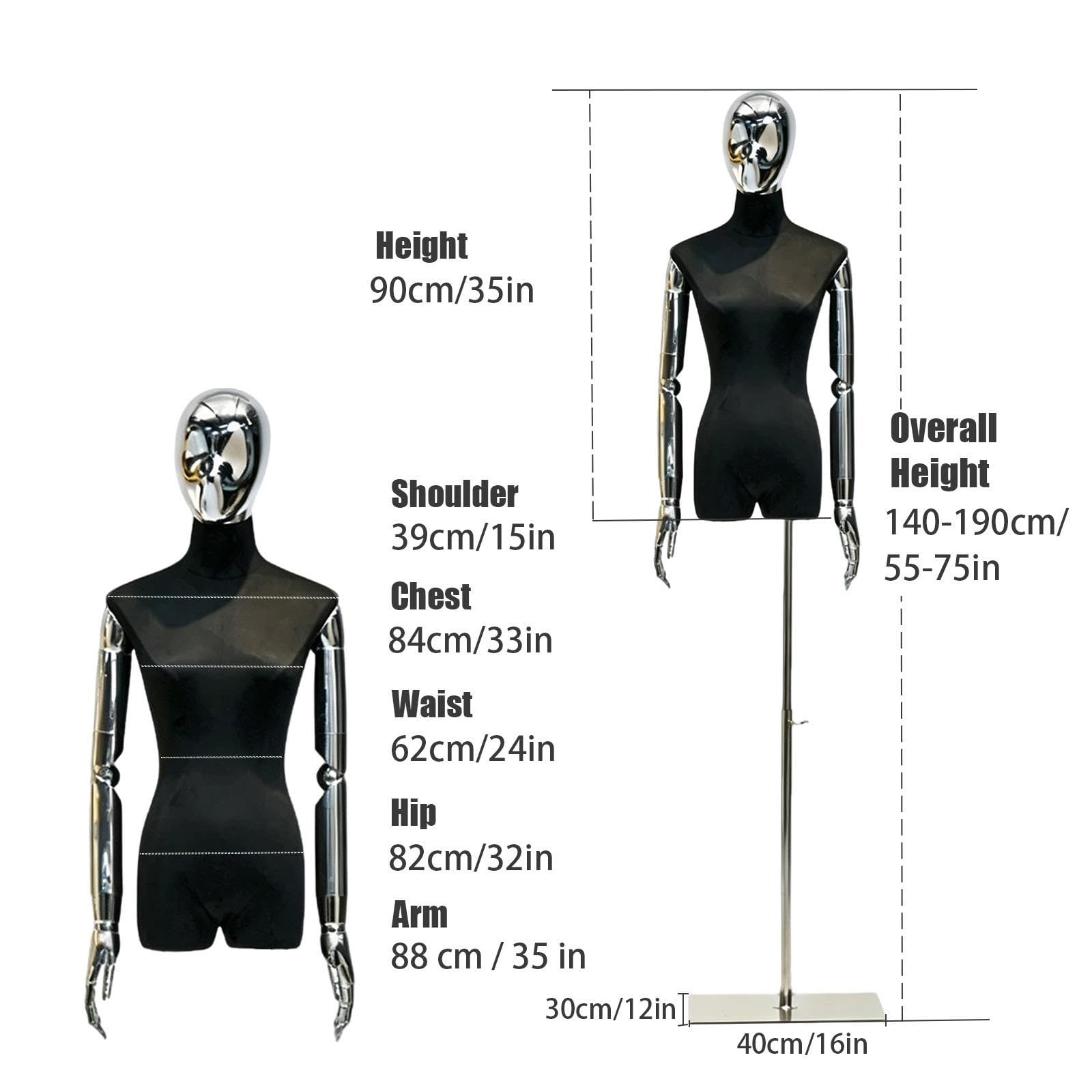 Torso Manichino Donna Altezza Regolabile, Bracci Articolati Argentati | Altezza Regolabile 190cm, Base Acciaio Inox, Mani Articolate, Torso Tessuto Morbido, Esposizione Boutique(Black)