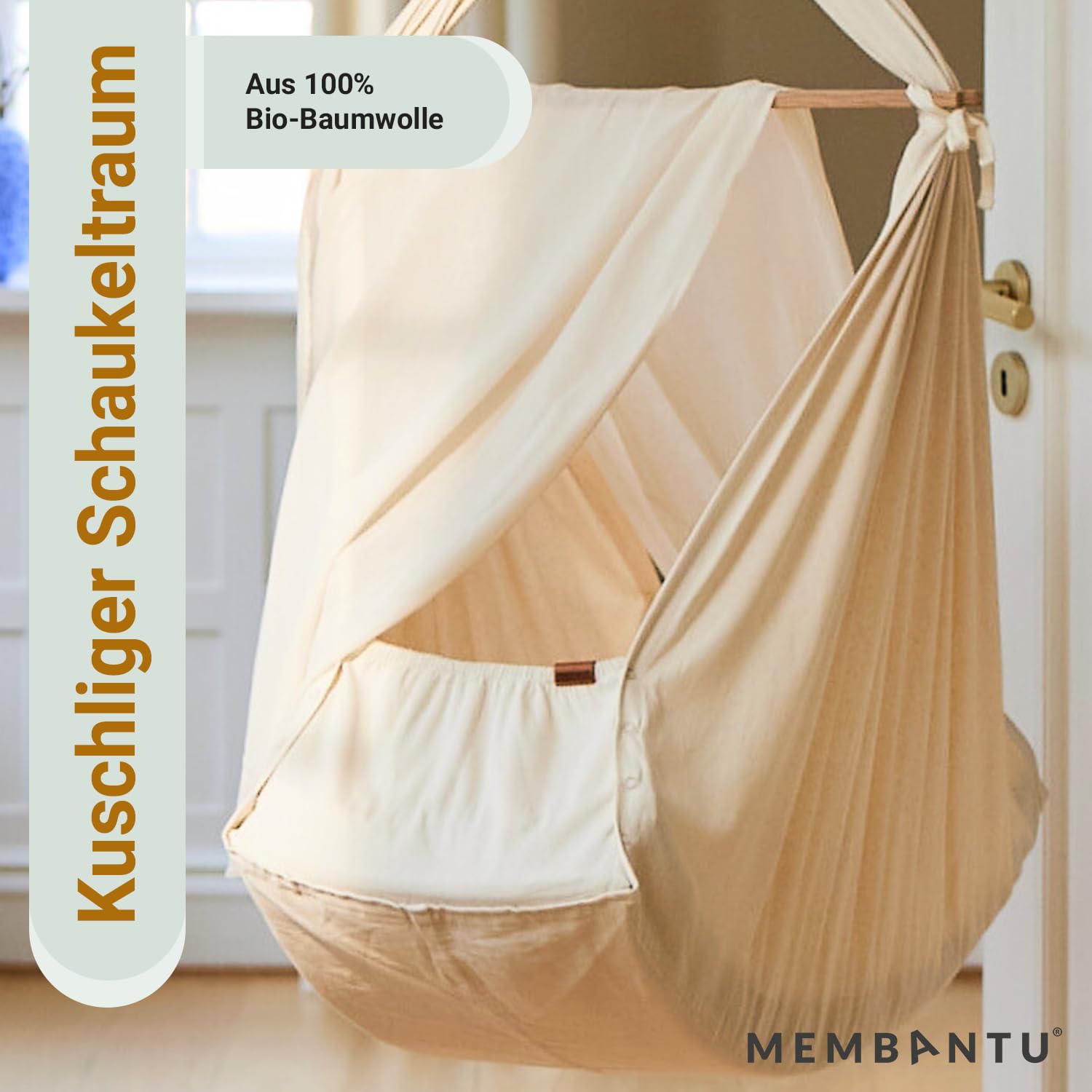 Federwiege Baby inkl. Feder - Baby-Wiege aus Bio-Baumwolle - Baby-Hängematte mit Deckenaufhängung - Baby-Hängewiege Plus Matratze und Baldachin - Baby-Hammock bis max. 15kg - Natur