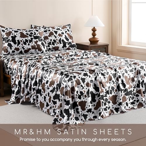 Image of MR&HM Satin Sheets with Elastic Corner Straps, Twin Size 3-Piece Silky Bedding Set, Deep Pocket 15 Inches, Good for Hair & Skin (Twin, Cow Print)