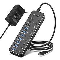 Hub USB Alimentato, RSHTECH Hub USB 3.2, USB C a 10 Porte con Porte Dati USB-A 3.2 e 2x USB-C 3.2 10Gbps, 7 Porte USB-A 3.0 e Alimentazione 12V, 5A 60W, Interruttori Individuali USB HUB, RSH-ST10C