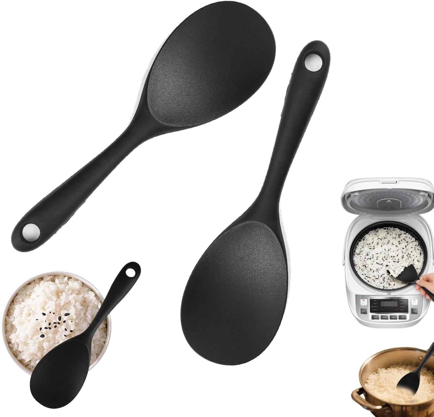 Pack of 2 Black Non-Stick Rice Cooker Rice Spoons Serving Spoon Silicone with Hole for Hanging Long Leftover Spoon Multifunctional Spoon for Mashed Potatoes Rice Rice Cooker 22.8 x 6.8