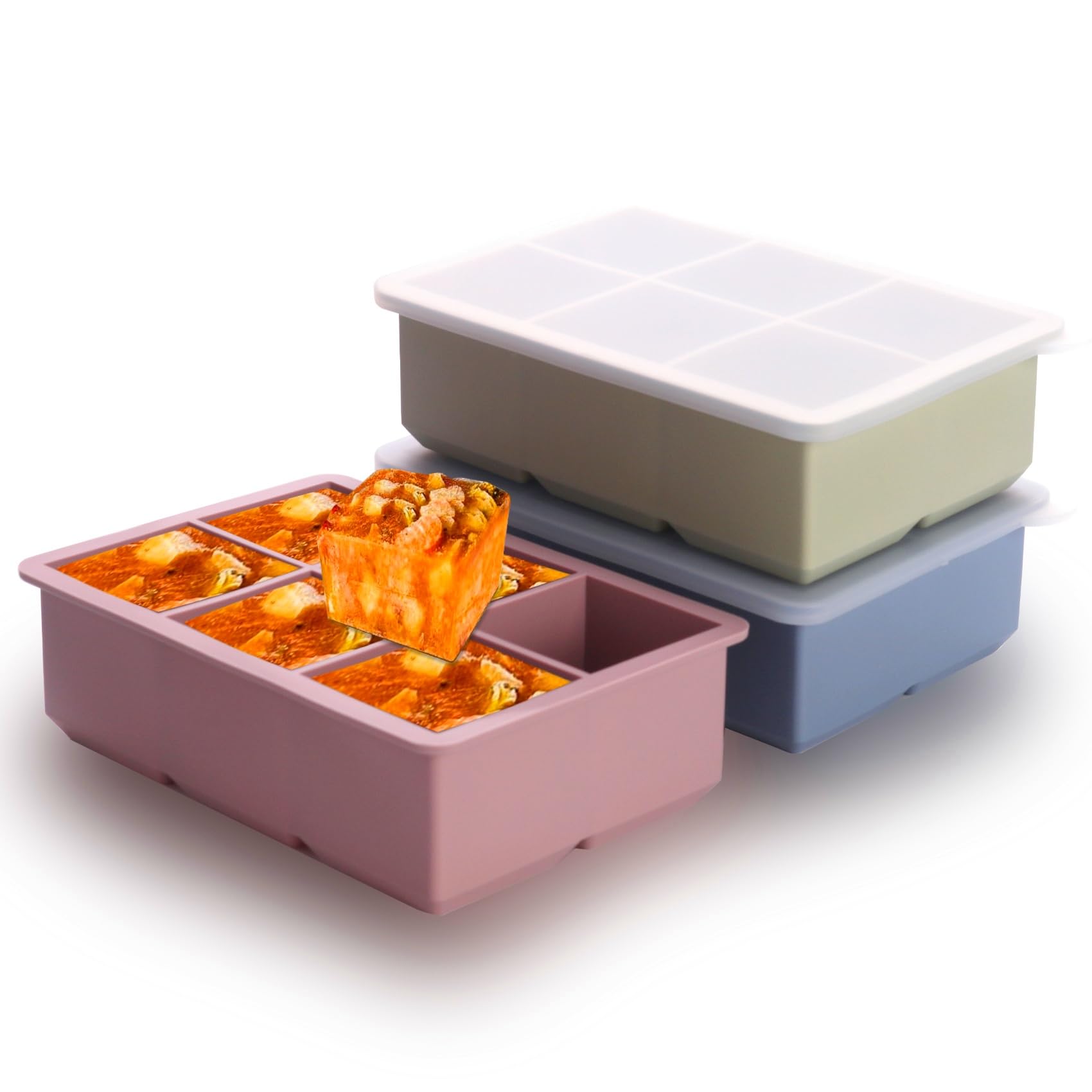 1/2 cup silicone freezer tray with lid,silicone freezer molds 3-pack for meal prep & freezing of various sauces and other dishes, makes 18 perfect 1/2 cup portions cubes (multicolor 3 pack)