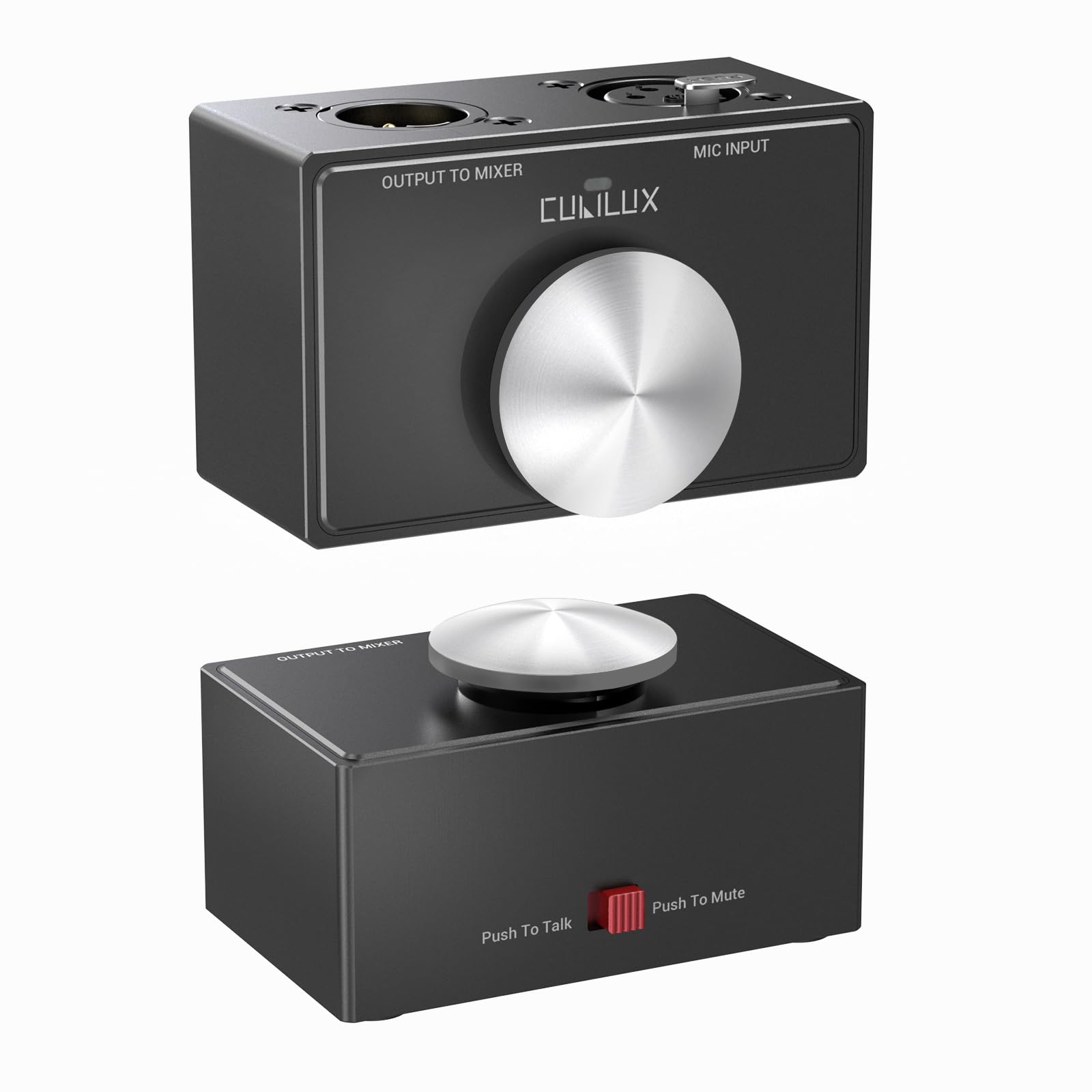 Cubilux Interruttore Mute Microfono XLR PTT/PTM con LED Podcast | Passa tra Push to Talk e Push to Mute, con stato LED, pulsante momentaneo e robusto corpo XLR in alluminio.