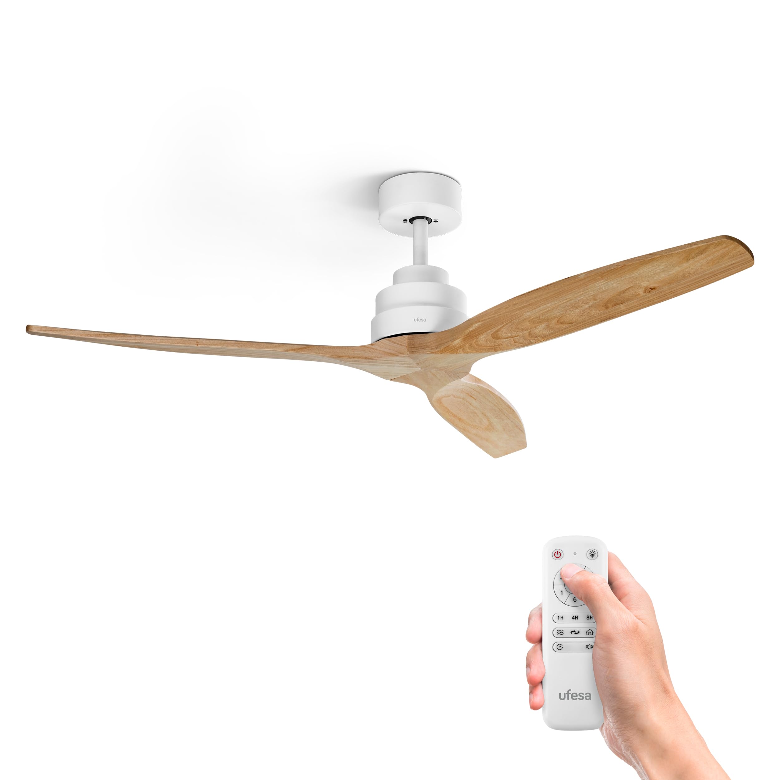 Ufesa Ventilador de Techo CFTB, 40W, 6 Velocidades, Ultra Silencioso, 3 Aspas de Madera Natural 132cm, Función Verano - Invierno, Temporizador 8h, Mando a Distancia, Blanco - Madera Clara