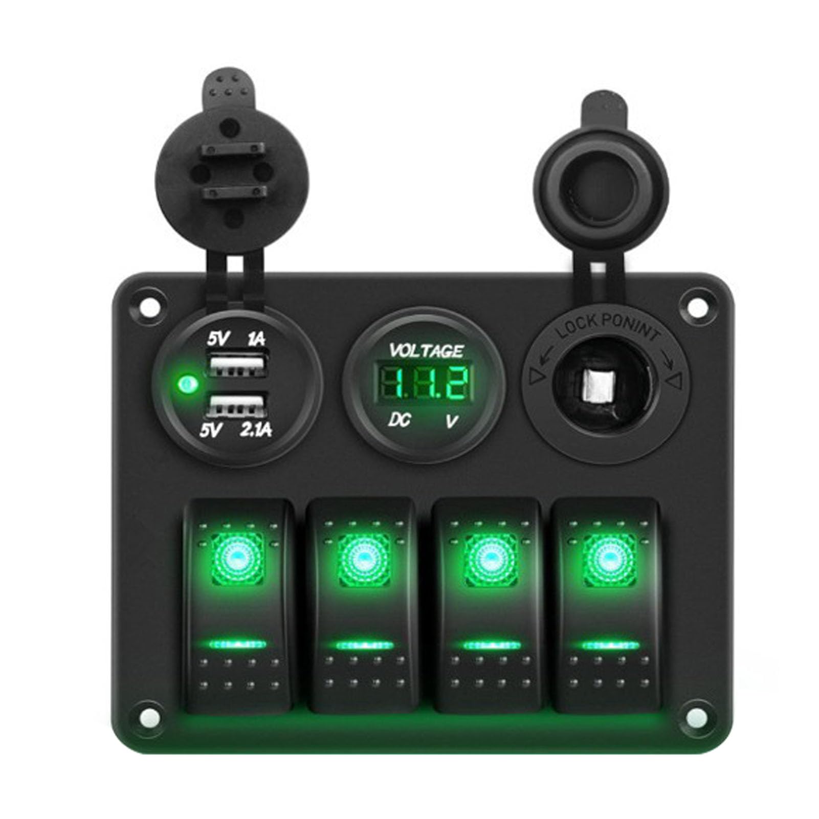 LED 4 Gang Boat Switch Pannello 12 V Voltmetro più Leggero 2 Voltmetro 2 Caricatore USB per Camions RVS Yacht (luce verde)