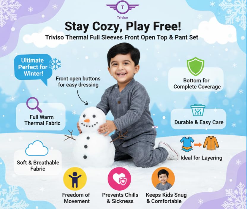 Image of Kids Winter Wear Thermal Suit Full Sleeves Front Open Top & Pajama Set Body Warmer for Boys & Girls (0-36 Month; Pack of 3)