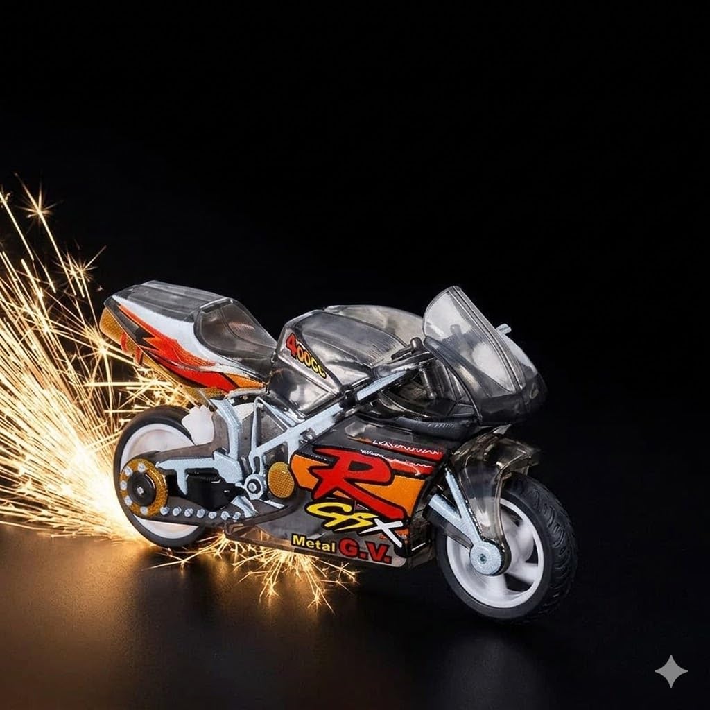 YEPZY Sparkling Stunt Bike Toy Keychain for Kids, Mini Motorcycle Key Ring with Spark Effect & Light, Friction Powered Racing Bike Toy, Gift for Boys & Girls (Random Color)-image-13
