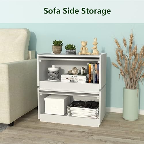 Miniatura 10 de woodtalks Cómoda apilable para puerta elevable, juego de 2 contenedores de almacenamiento con tapas, armarios multiusos para dormitorio, mesita de