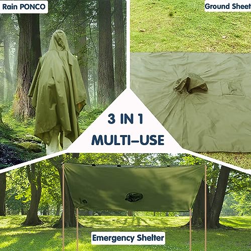 Accevo Regenjacke Regenponcho Grün, Regencape mit Kapuze 3 in 1 Multifunktional Atmungsaktiv Regenjacke Herren & Damen, Regenmantel Wasserdichter für Regenponcho festival, Camping, Wandern, Picknick.