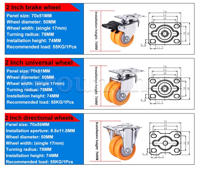 4 szt. Kółka obrotowe o dużej wytrzymałości z hamulcem - 1,5/2-calowe ciche, niebrudzące nylonowe koła(Brake-Universal 1.5 Inch)