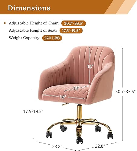 Miniatura 8 de TINA'S HOME Silla de escritorio de terciopelo para oficina en casa con base dorada, moderna y bonita silla de trabajo para computadora, ruedas