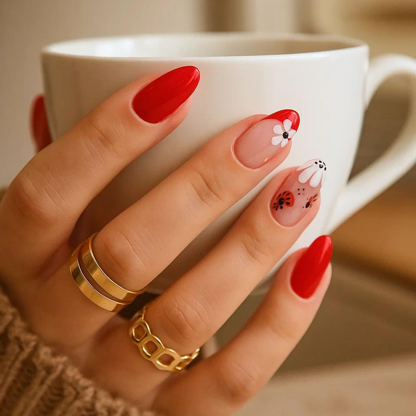 Red Glossy Almond Press On Nails Set including Ladybug Floral Art Design - Image 2