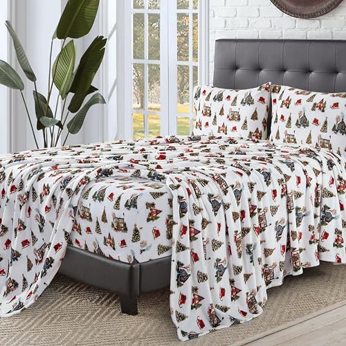 Elegant Comfort Luxuriously Soft 4-Piece Holiday Velvet Plush Flannel Sheet Set - Premium Quality - Cozy Warm, Christmas Fuzzy Velvet Flannel Fleece Deep Pocket Sheet Set - Cal King, Bungalow