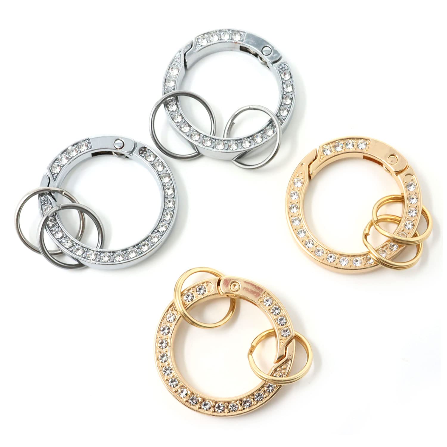 Honbay 4PCS Rhinestone Round Carabiner Snap Clip Buckle with Split Ring Alloy Hooks Clip Bling Spring O Ring Set for Key Holder Purse and Handbag (2