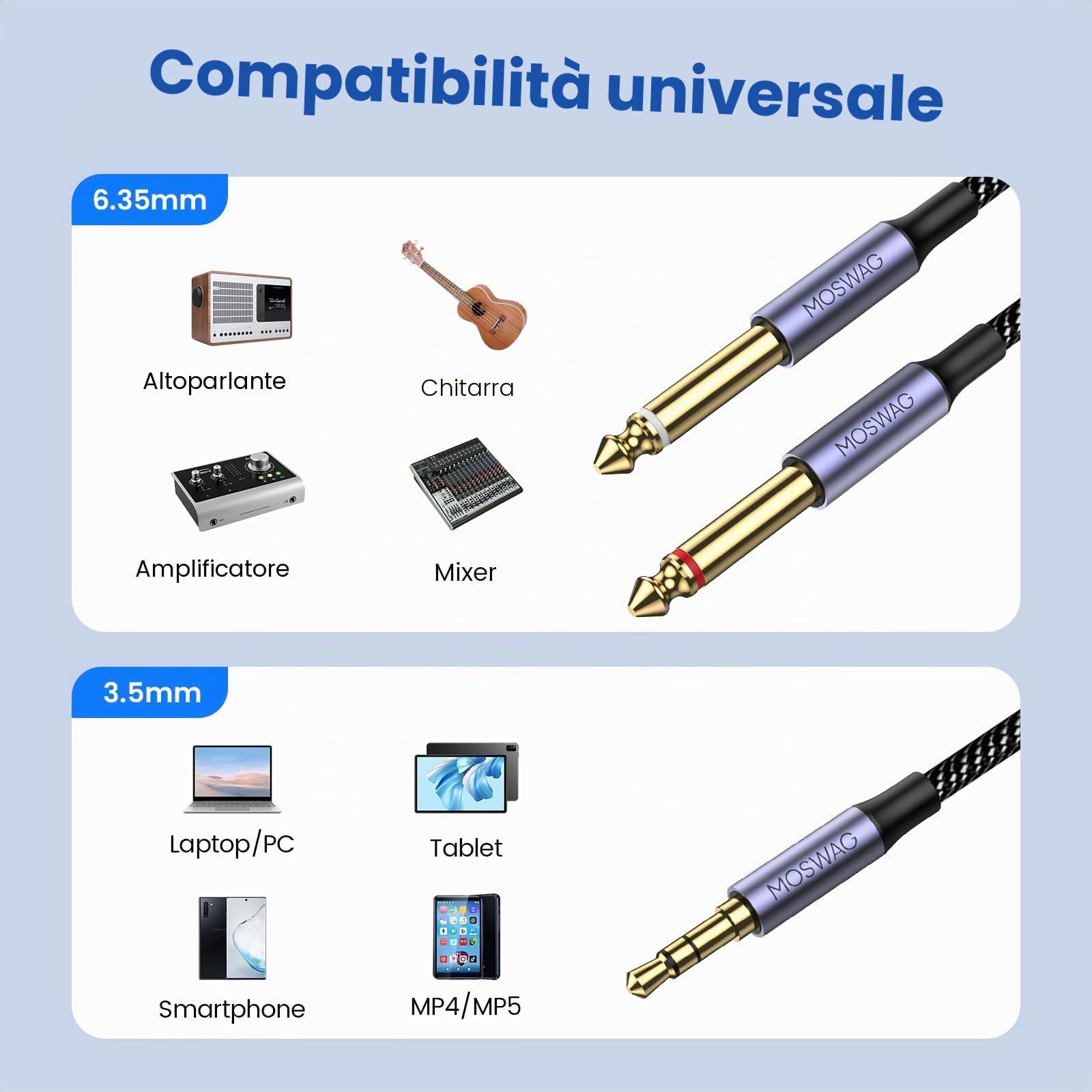 MOSWAG 6FT 3.5 mm to 2x 6.35 mm TRS TS Y Cable Splitter, Jack 3.5 to 2 Jack 6.35 for iPhone iPod Laptop Mixer