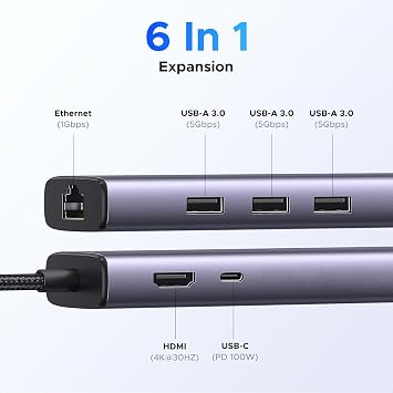 UGREEN Revodok 6 in 1 USB C Hub Gigabit Ethernet Adapter with 4K HDMI
