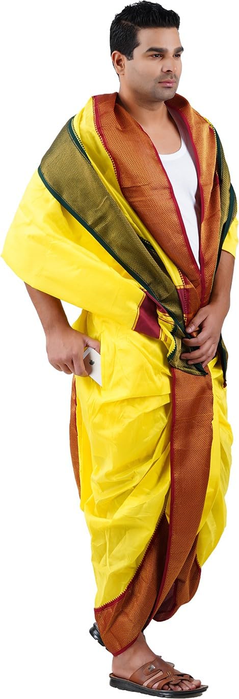 Prakasam Cotton Mens Asha Silk Panchakacham Ready To Wear Dhoti Towel Set With Pocket/Panchakacham Dhoti With Angavastram (Stitched Dhoti With Pocket