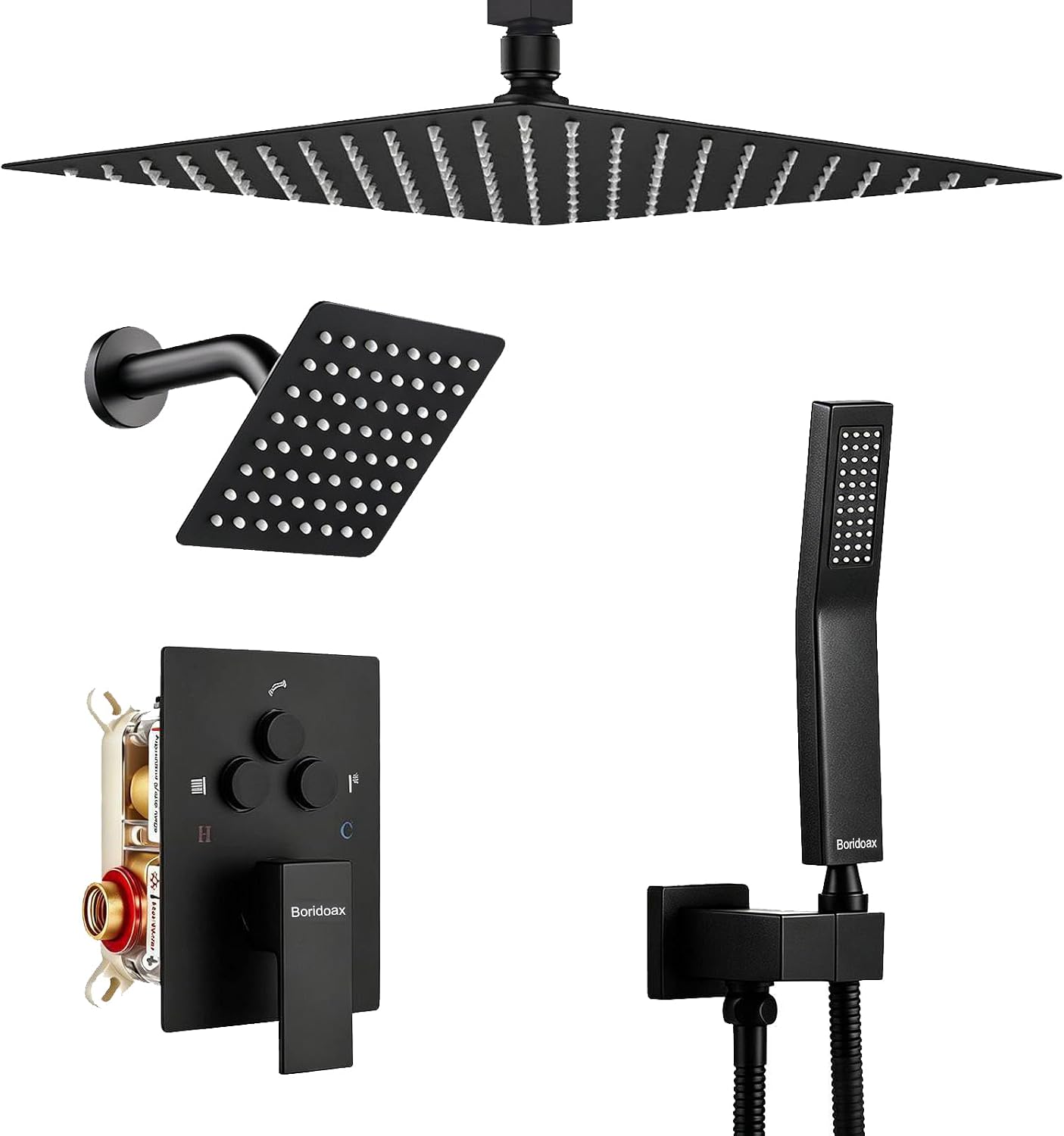 Dual Shower Head System Matte Black 12" Ceiling Mount Rainfall Shower and 6" Wall Mounted Shower Head System with Handheld Spray, Push Button Diverter Shower Faucet Set, Can All Run Together