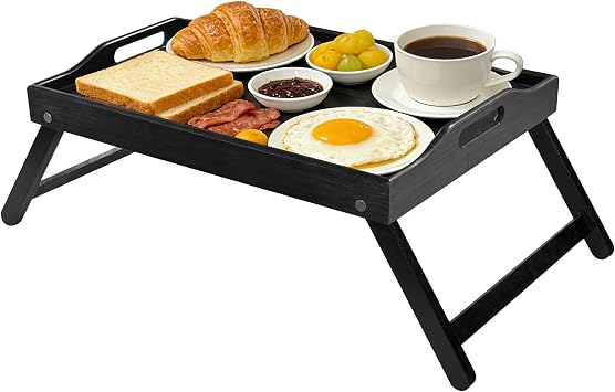 Bed Tray Table Breakfast Tray, Portable Eating Snacking Working Tray Table with Foldable Legs and Handles, Ideal for Bedroom & Living Room Sofas - Black