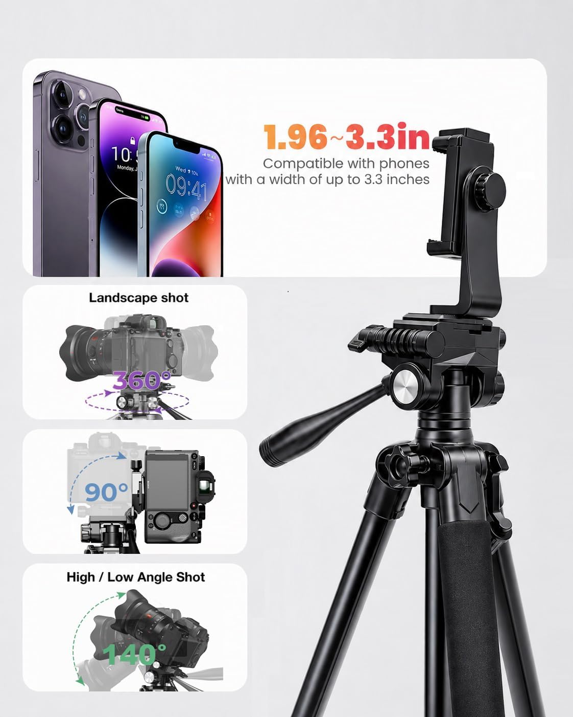 CAMOFOTO 74" Camera Tripod, Tripod Stand for Camera and Phone with Pan-Head 5