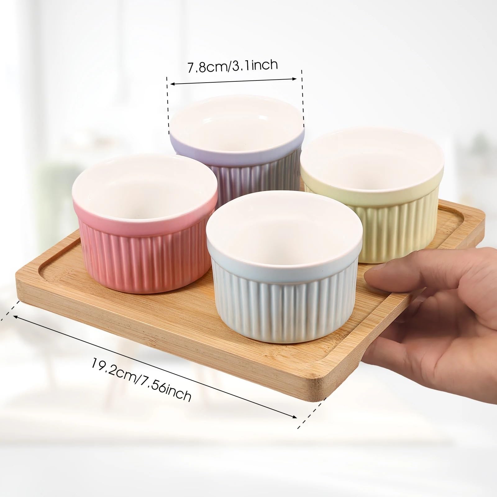 Ramequins en Porcelaine Blanche Lot de 4 ramequins en céramique avec Plateau de 113,4 g, Petits Bols de Cuisson empilables for crème brûlée, moules à pâtisserie Polyvalents