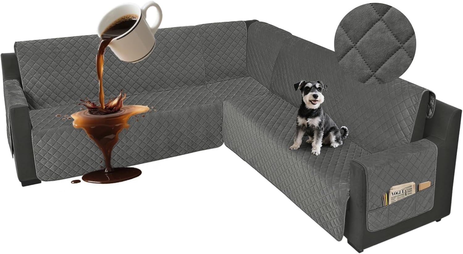 Waterproof Corner Sectional Couch Covers for L Shape Sofa Velvet 6 Piece U Shaped Couch Cover for Dogs Pets Washable Non Slip Sofa Slipcovers Protector Living Room (XX-Large, Dark Gray) Dark Gray XX-Large