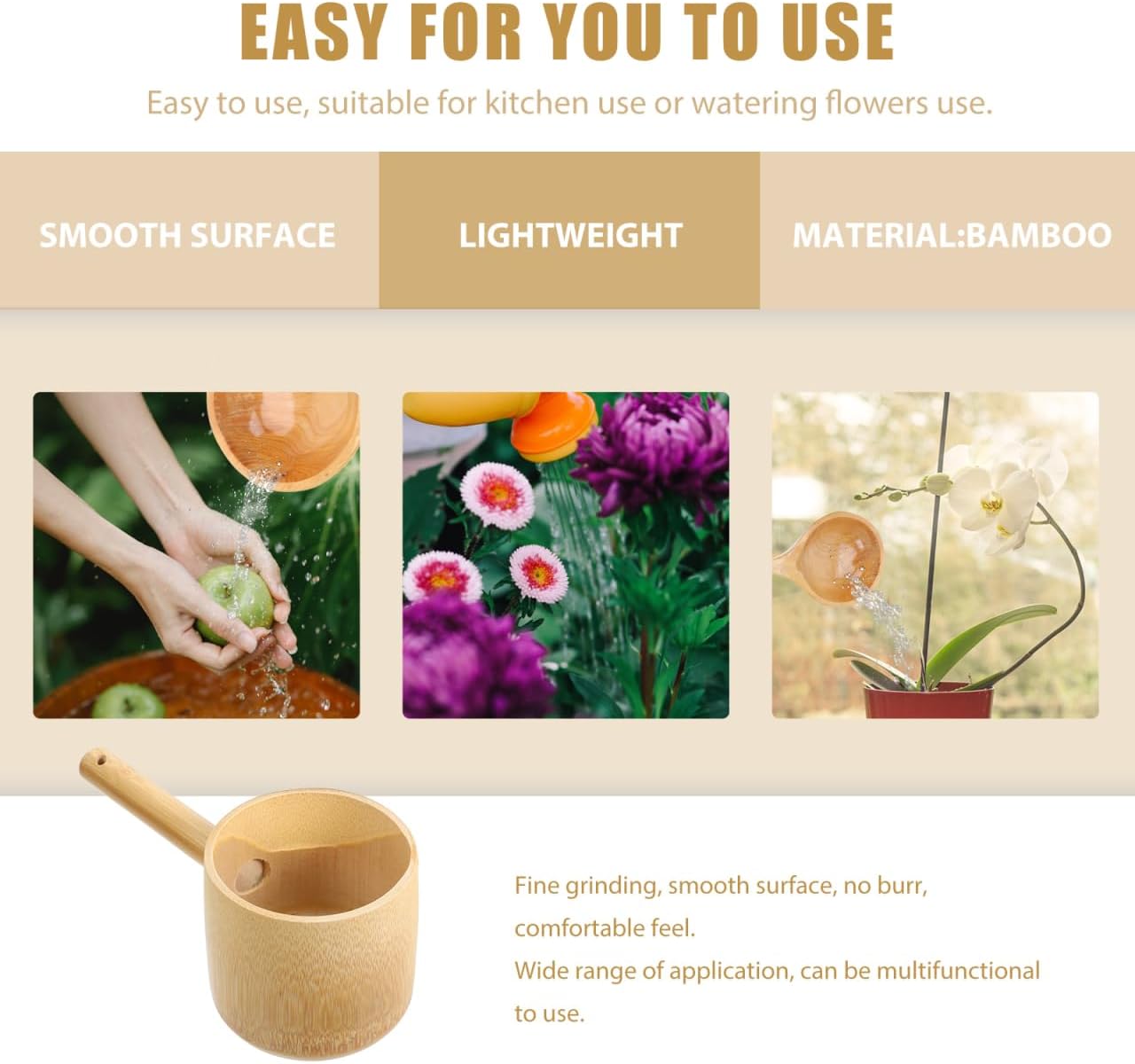 Portable Natural Bamboo Water Ladle, Bath Ladle, Dippers, Shower Bucket, Water Bath Scoop, Bathroom Scoop Cup, Home Essential for Kitchen Restaurant & Garden Use