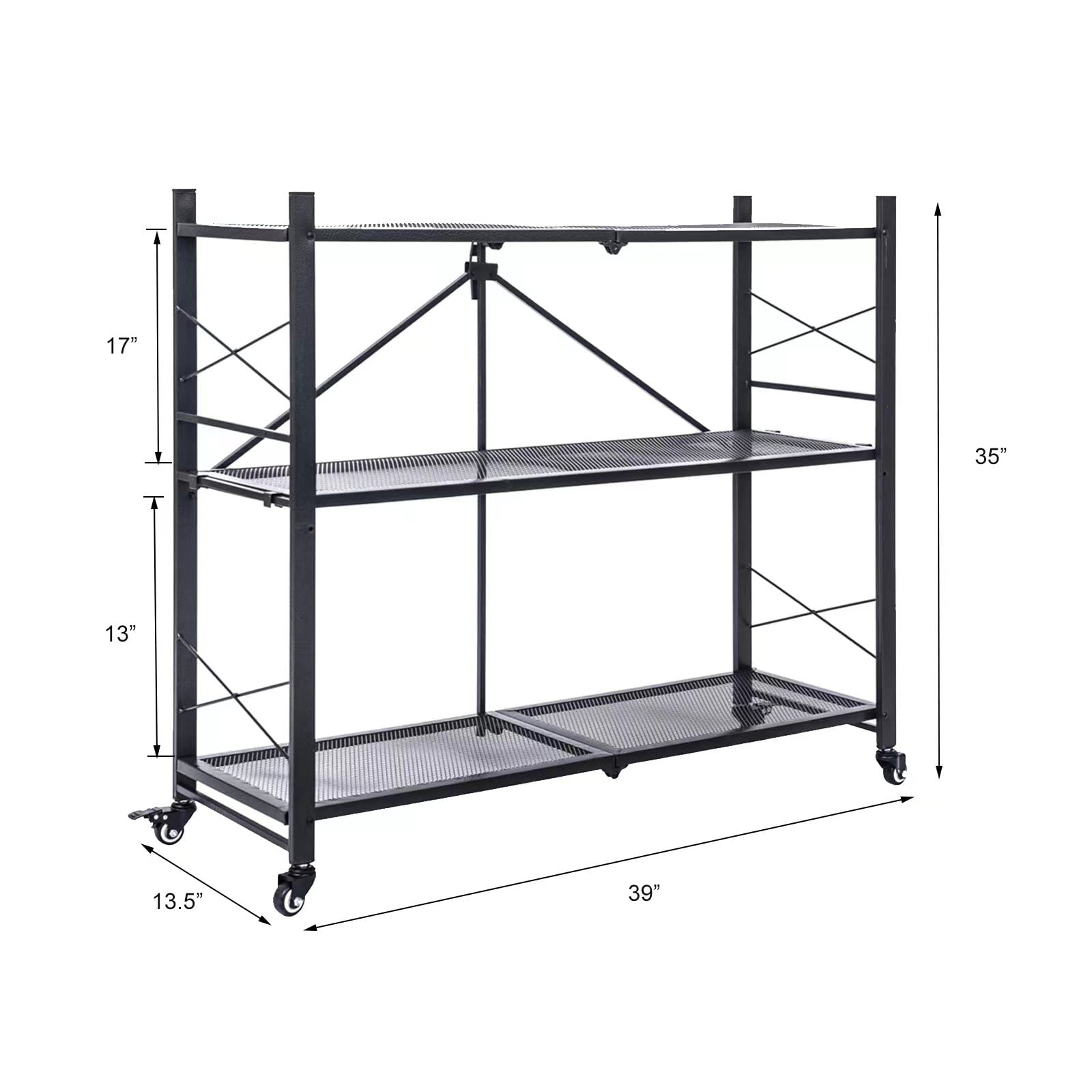 gaildon Foldable Shelves with Wheels, 3 Tier Collapsible Shelves for Garage Storage - Heavy Duty Metal Shelves Rack No Assembly 39" W× 13" D×35" H