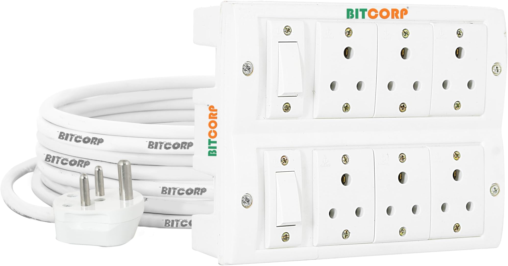 BITCORPSafe-Ex 6 Socket, 6 Switch 6 A 2 Meter Wire Extension Polycarbonate Board (White)